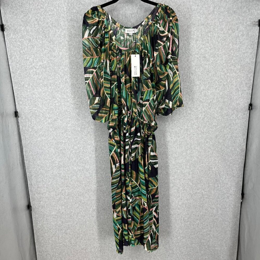 Molly Bracken Tropical Midi Dress Size M Green Floral Sheer Top Bat Sleeve NEW